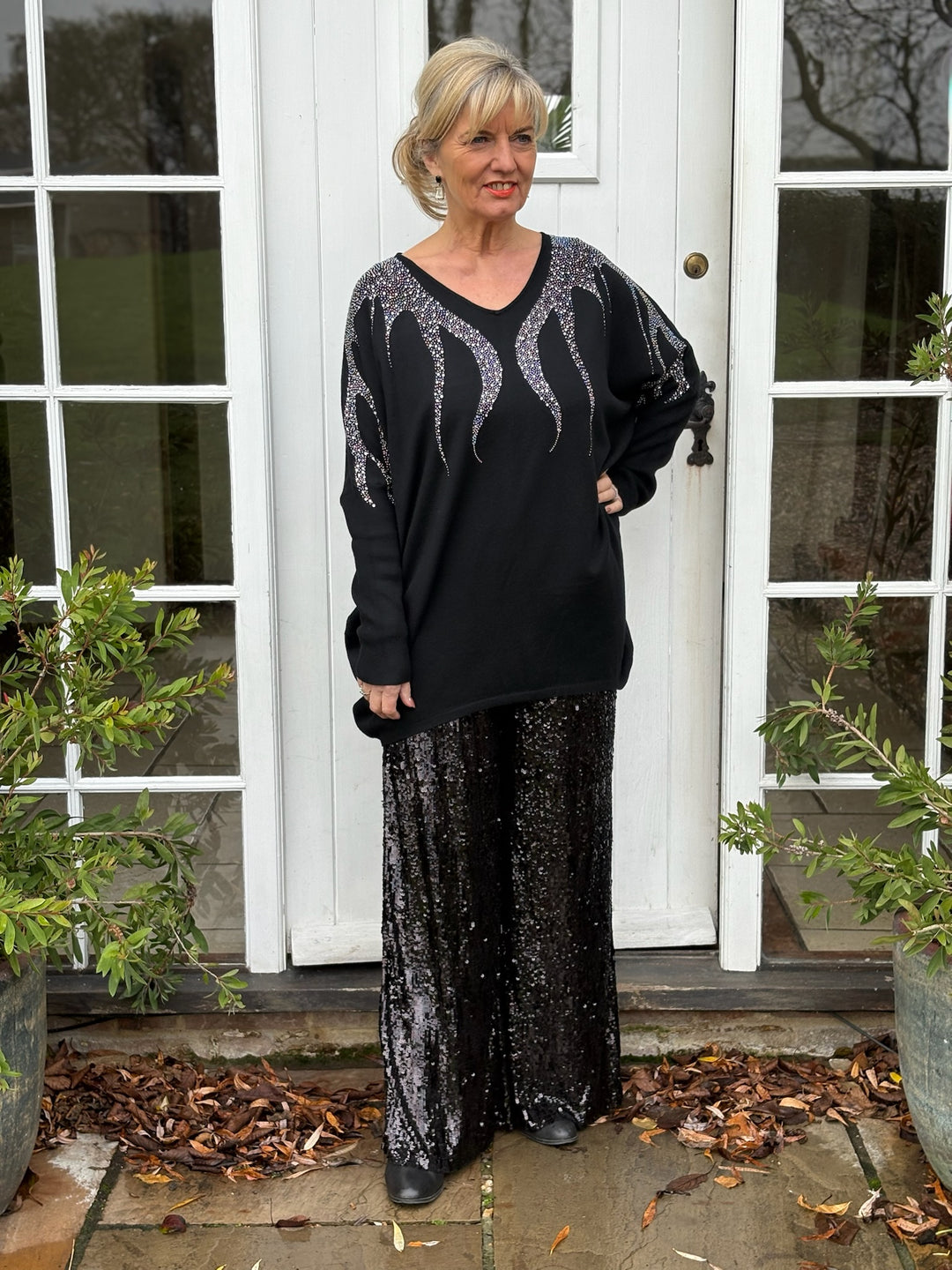 Sequin Wide Leg Trousers | Black