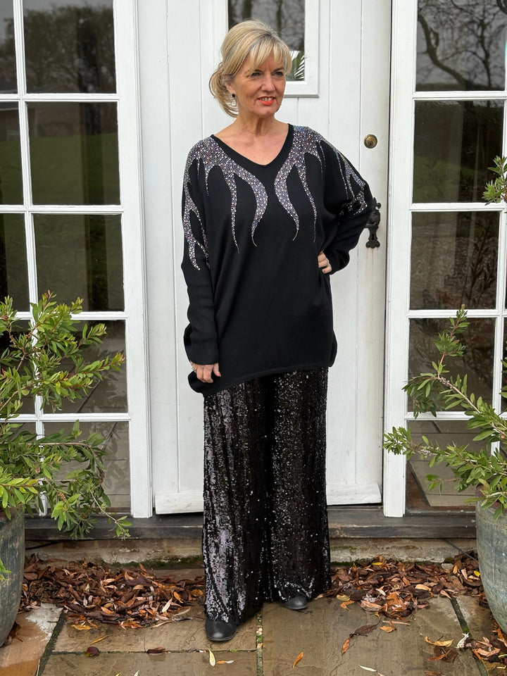 Sequin Wide Leg Trousers | Black