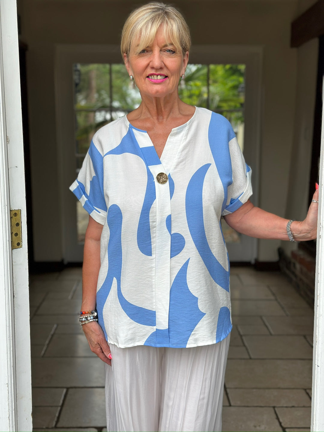 Swirl Print Button-Neck Top | Sky Blue