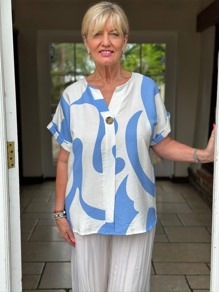 Swirl Print Button-Neck Top | Sky Blue
