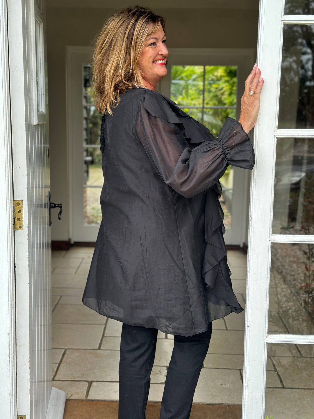 Ruffle Detail Sheer Tunic Blouse | Black