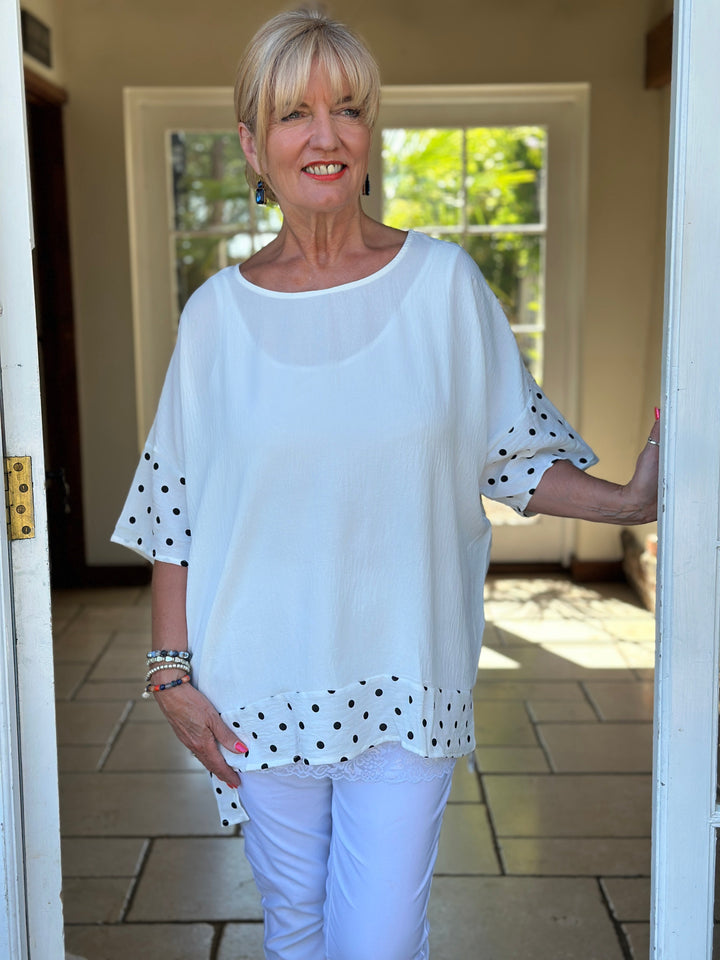 Polka Dot Trim Cotton Top | White