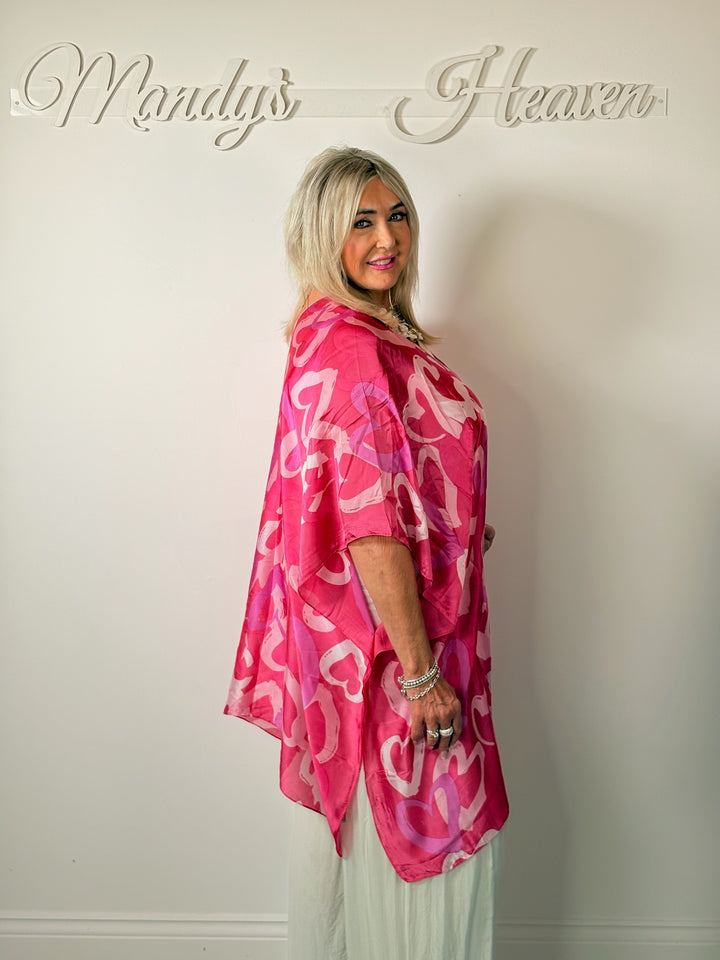 Silk-Blend Love Heart Print Kaftan | Fuchsia