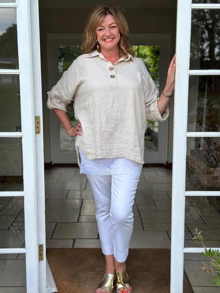 Linen Double Button Top | Beige