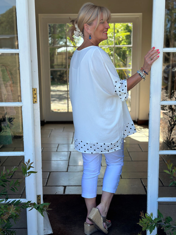 Polka Dot Trim Cotton Top | White