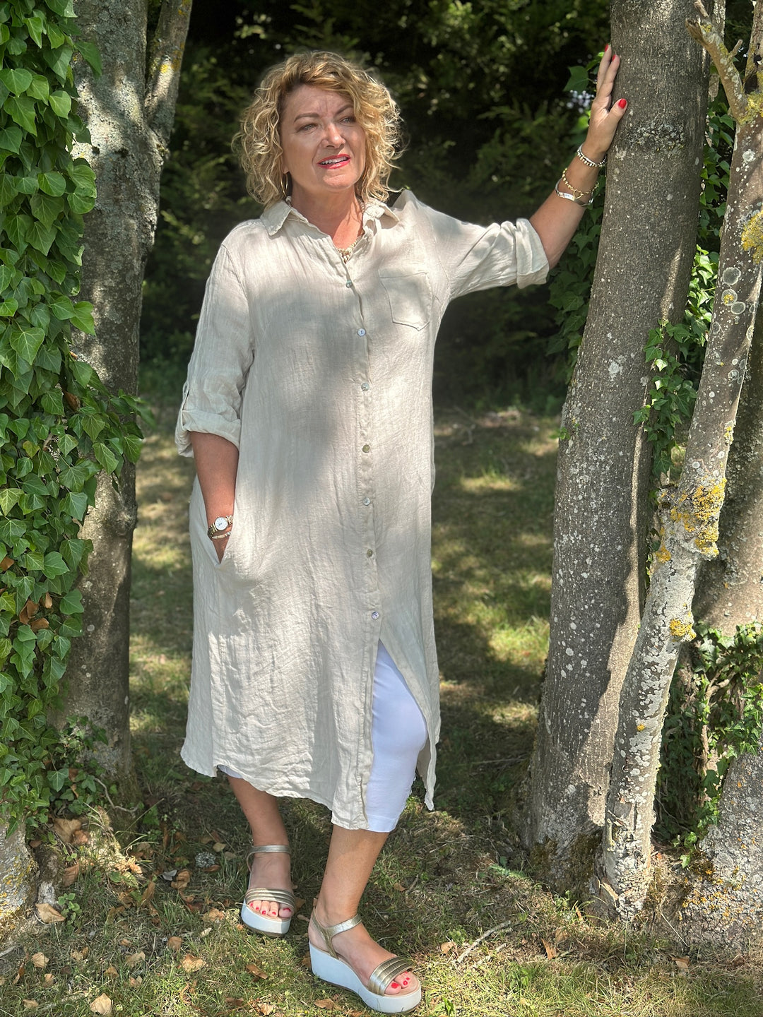 Linen Button Through Dress | Beige