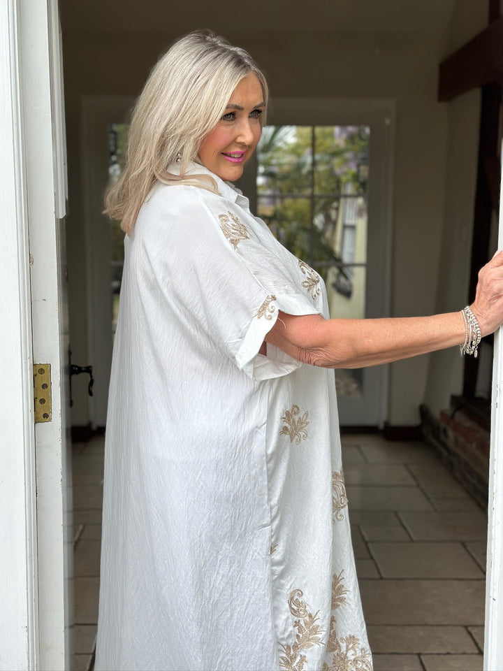 Swirl Glitz Leaf Embroidered Tunic Dress | White