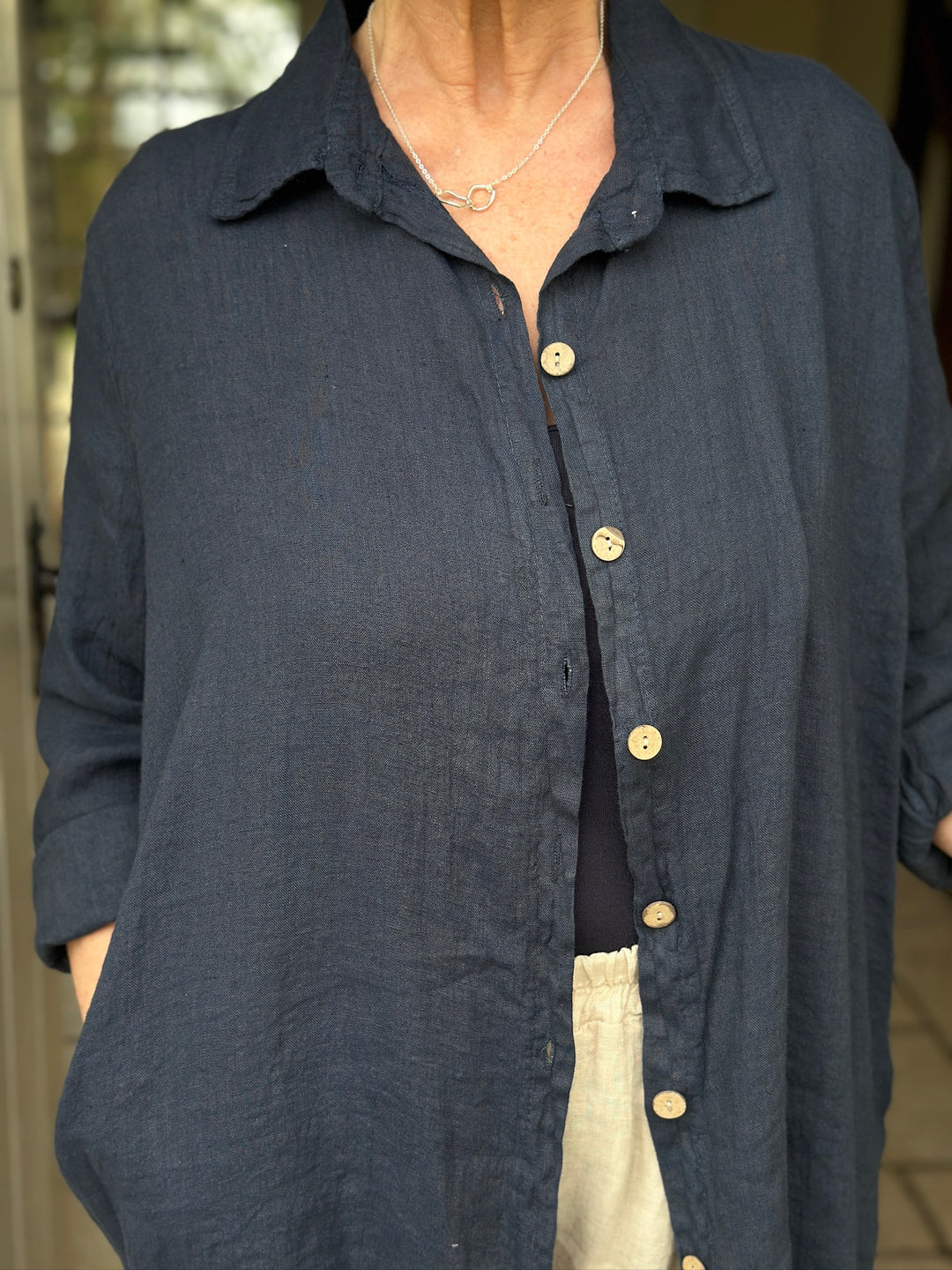 Straight Sleeve Longline Linen Shirt | Navy