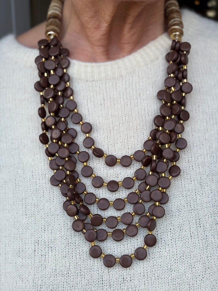 Coconut Shell & Mini Circle Bead Necklace | Chocolate & Gold