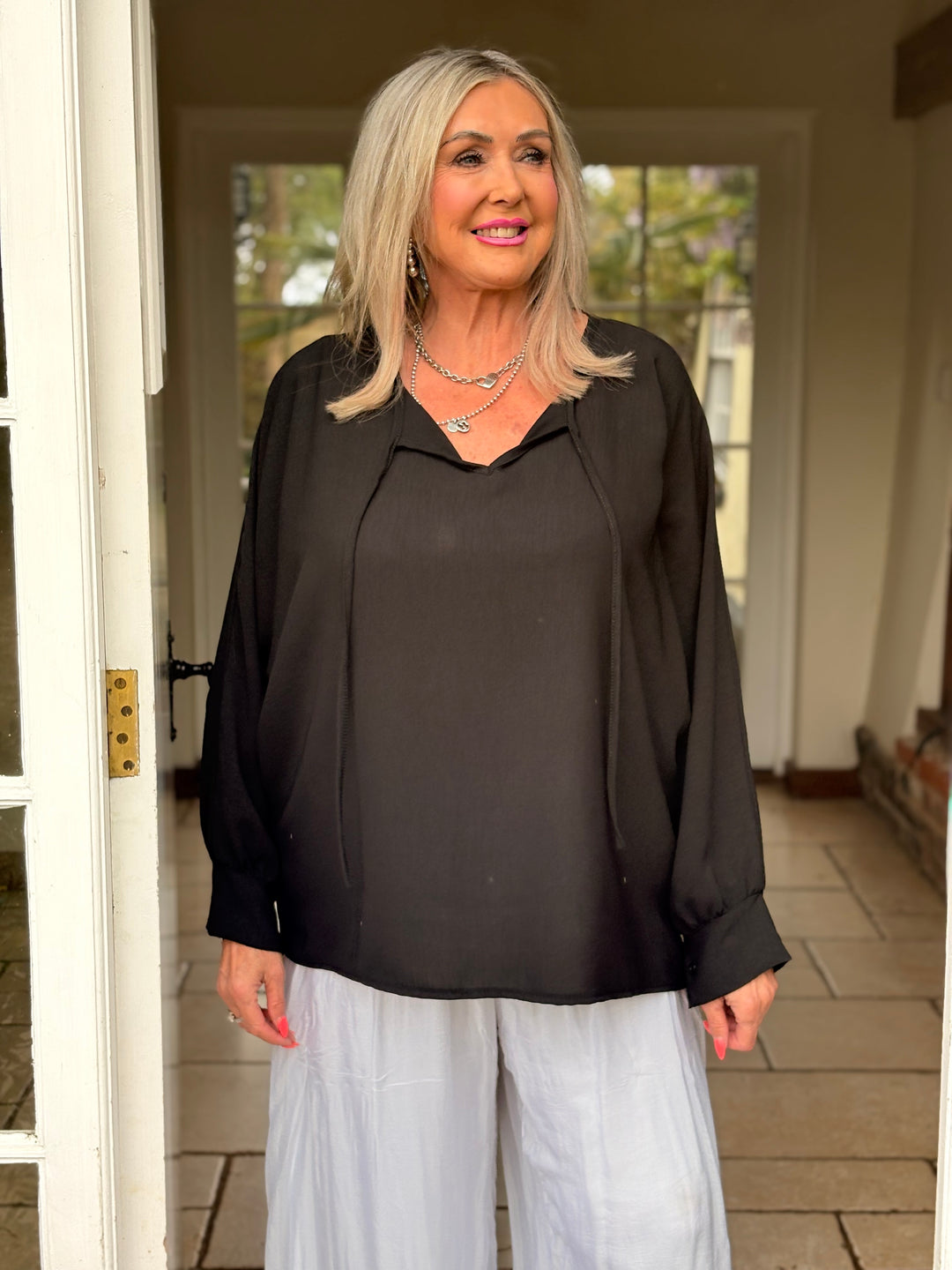 Long Sleeve Lightweight Top With Ties | Black
