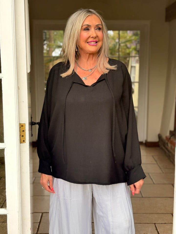 Long Sleeve Lightweight Top With Ties | Black