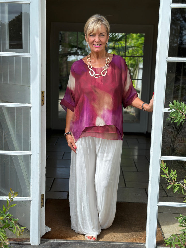 Watercolour Tiered Hem Blouse | Magenta