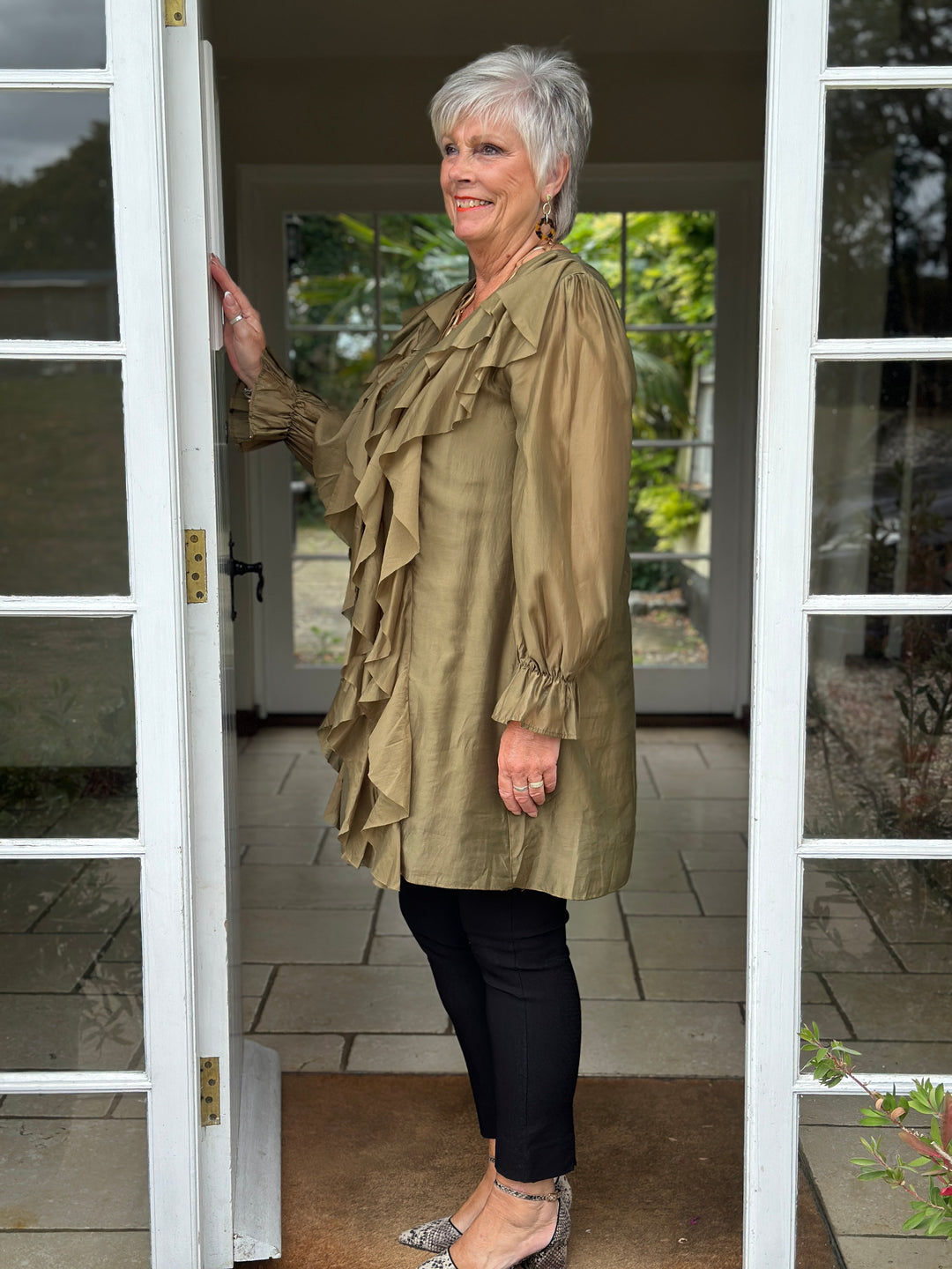 Ruffle Detail Sheer Tunic Blouse | Khaki