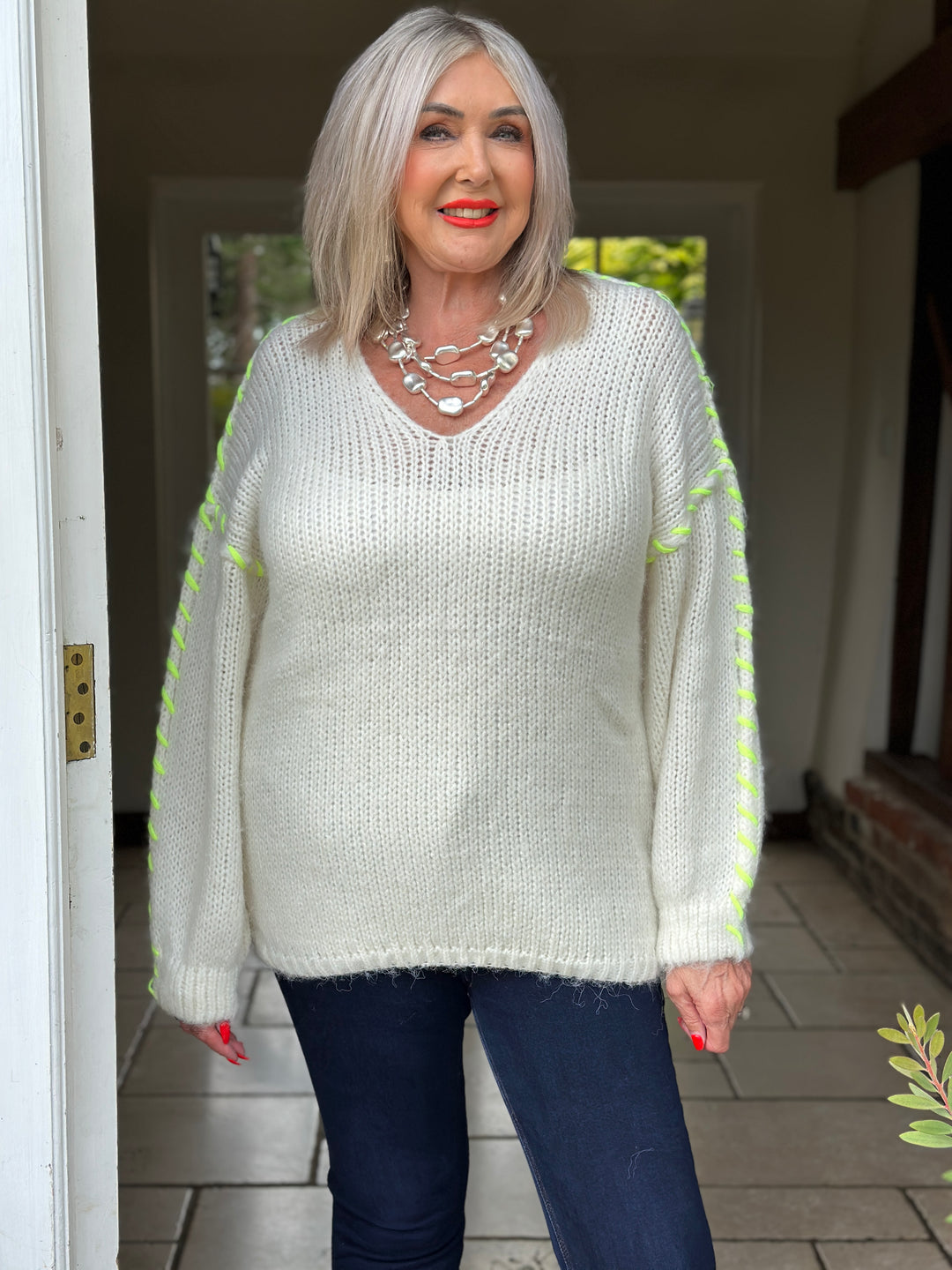 Contrast Stitch V-Neck Jumper  | Neon Yellow