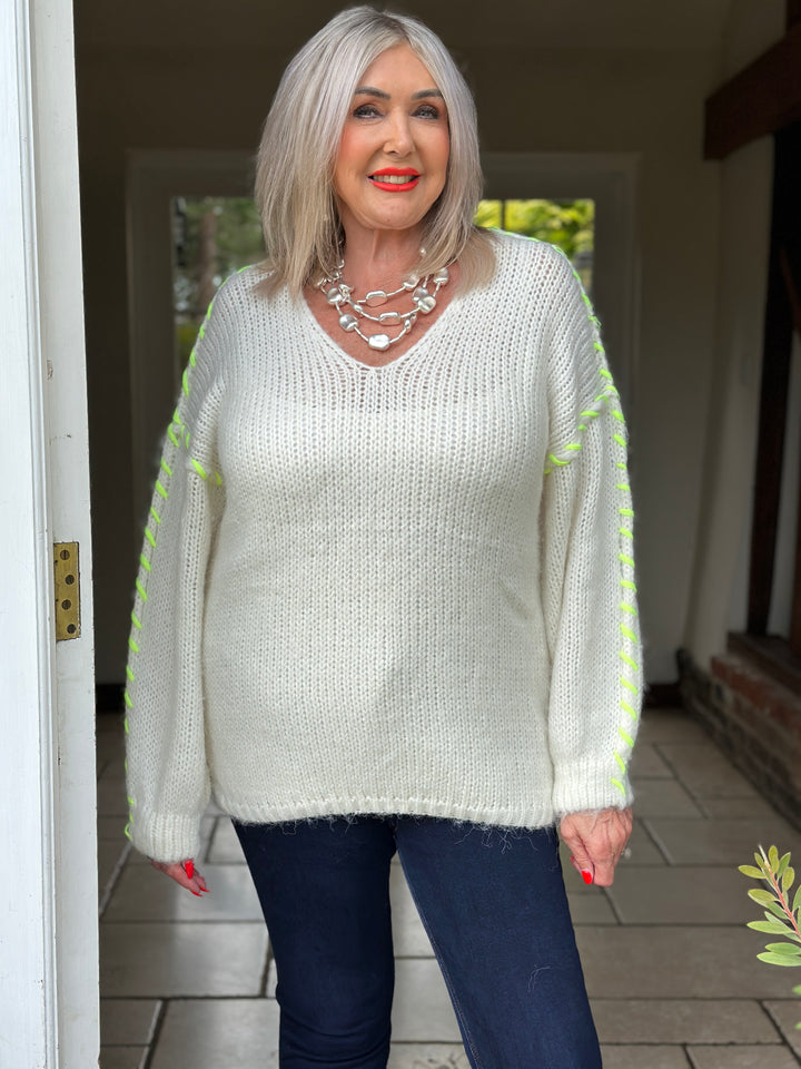 Contrast Stitch V-Neck Jumper  | Neon Yellow