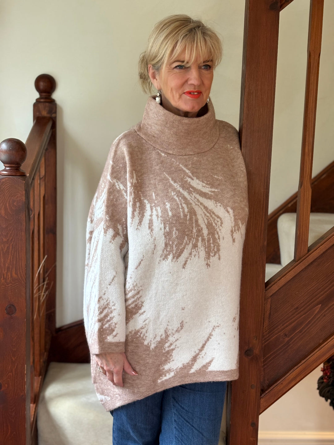 Longline High Neck Knit Top | Camel & Cream Print