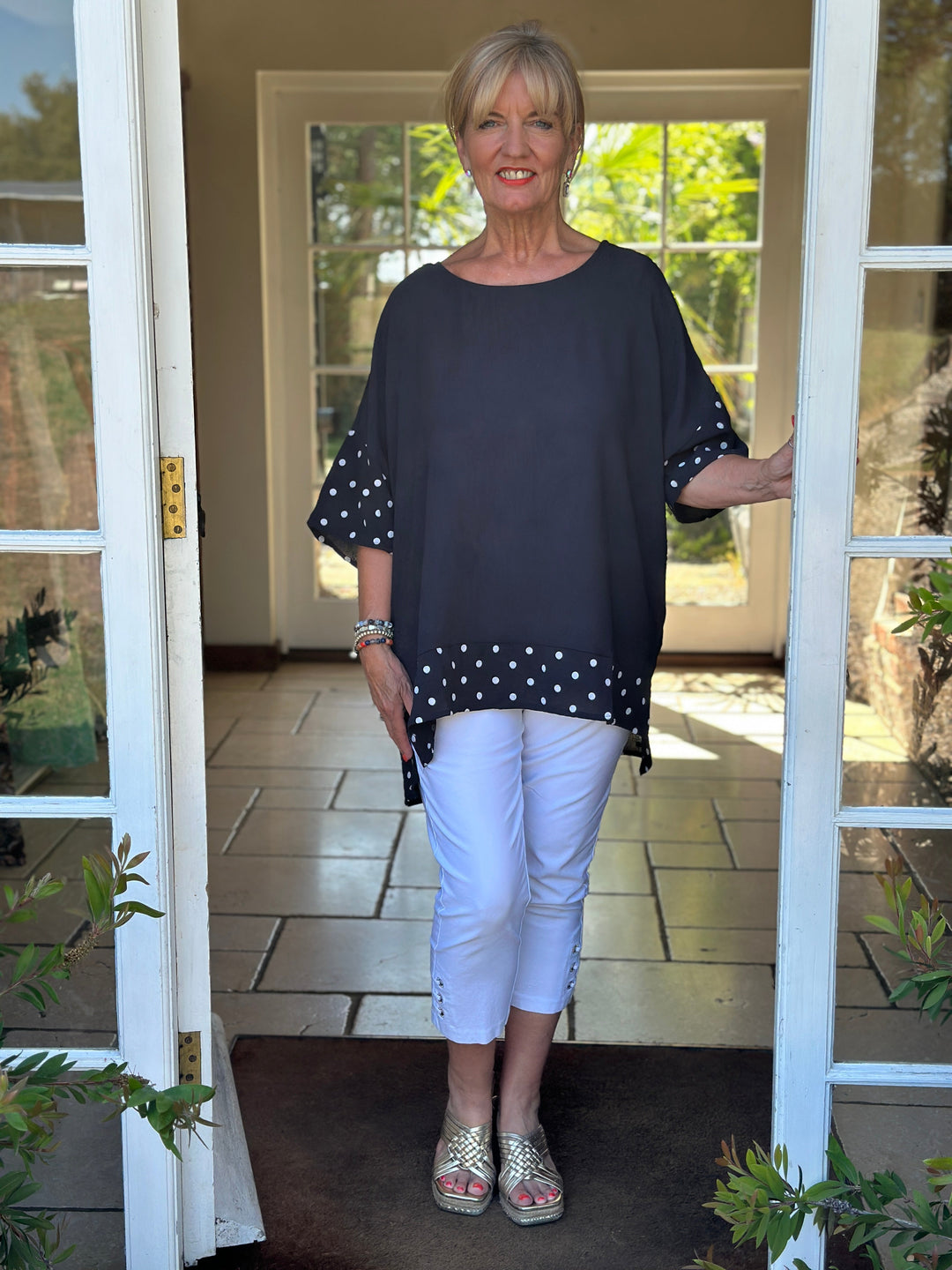 Polka Dot Trim Cotton Top | Navy