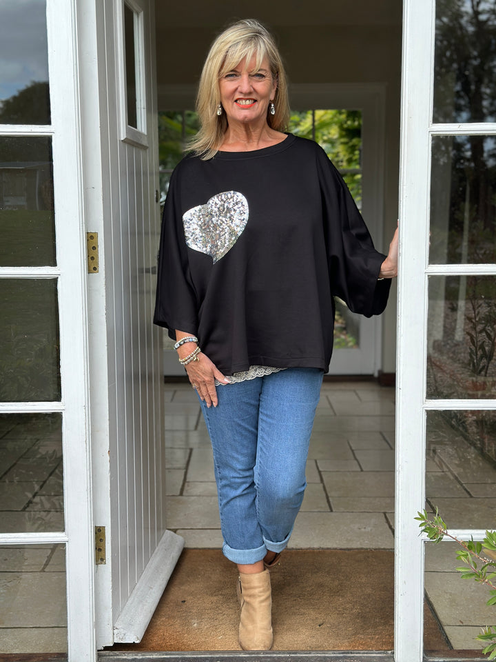 Batwing Sequin Heart Jumper | Black
