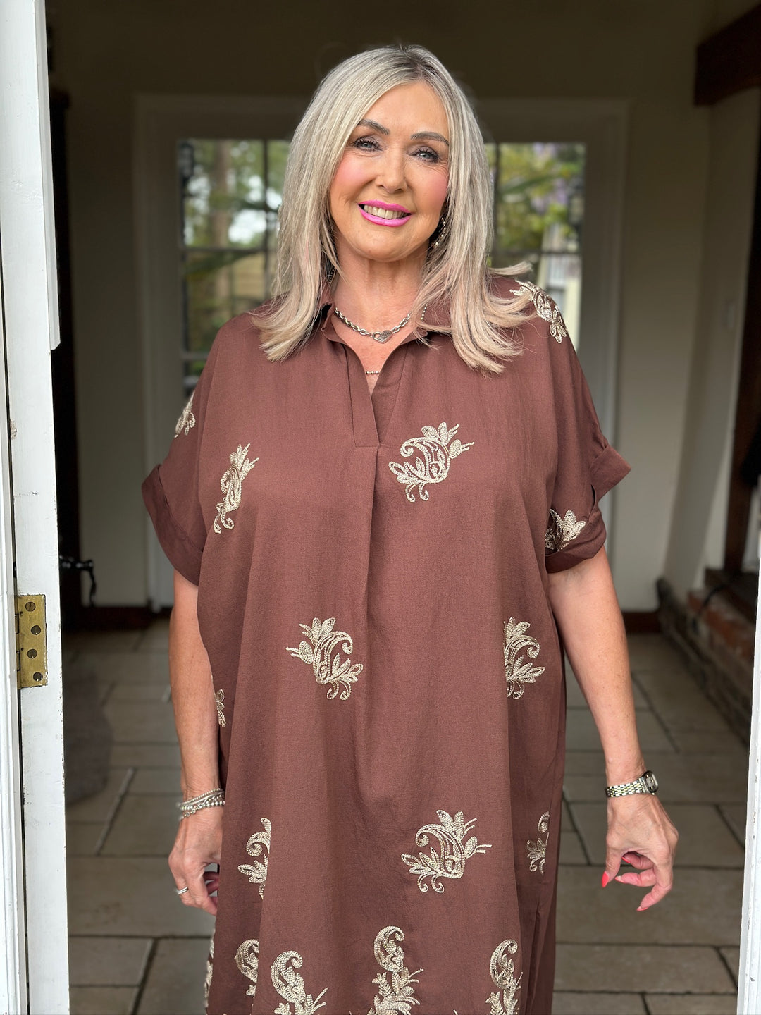 Swirl Glitz Leaf Embroidered Tunic Dress | Brown