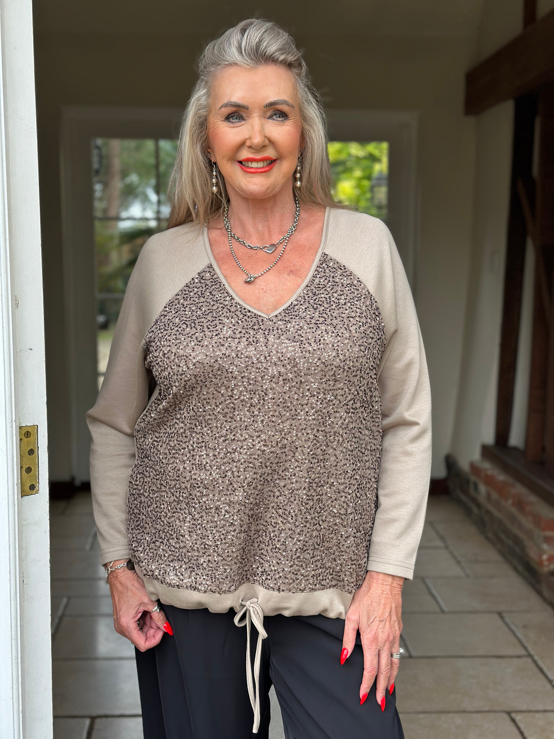 Sequin Front Long Sleeve Top - Malissa J | Latte