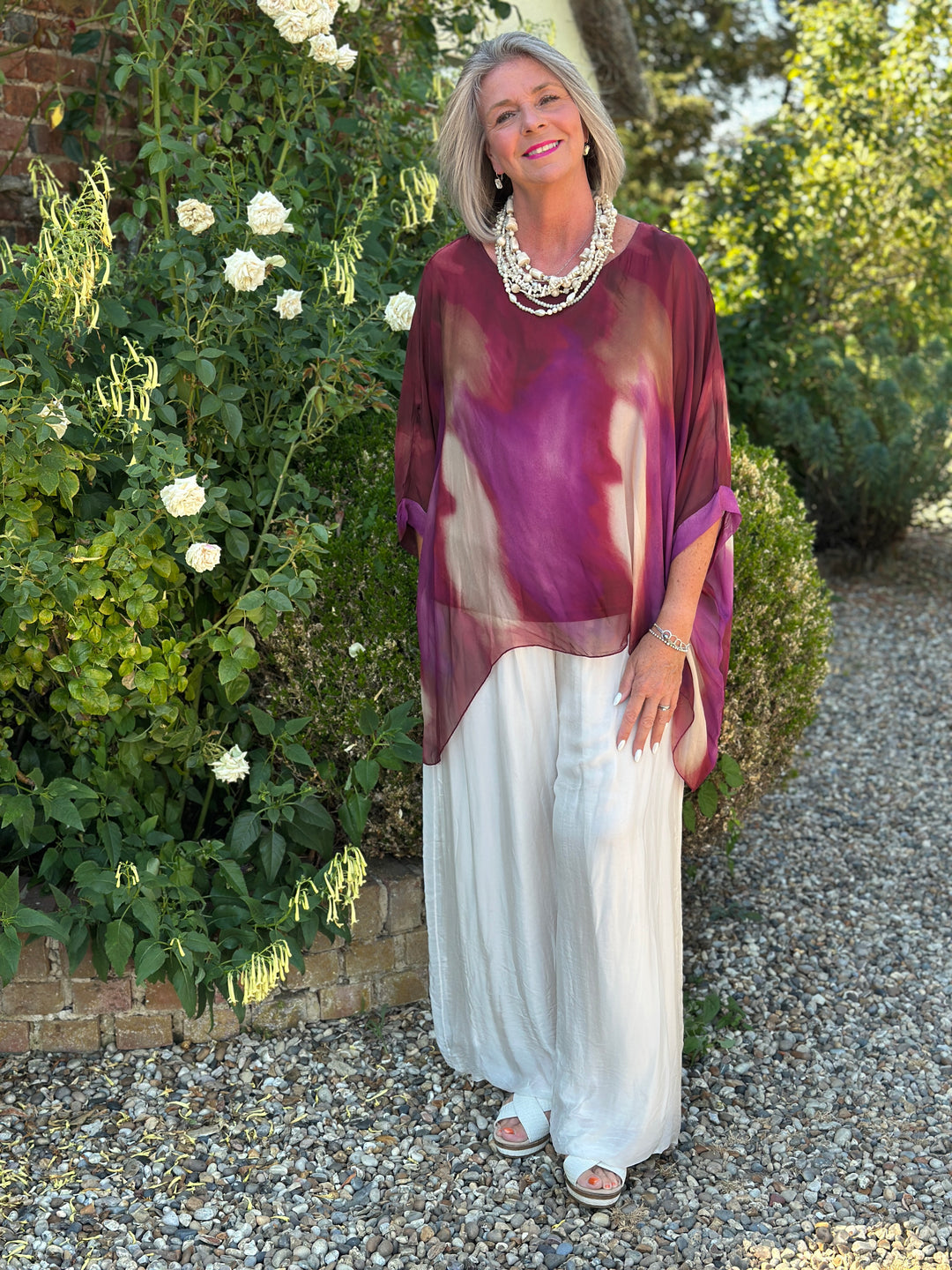Mia Watercolour Silk Blouse | Magenta