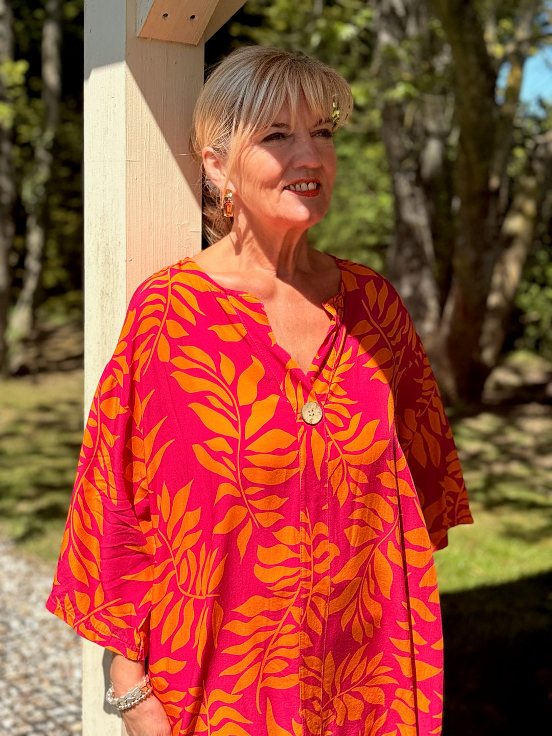 One Button Tunic Top Abstract Print | Fuchsia & Orange Leaf