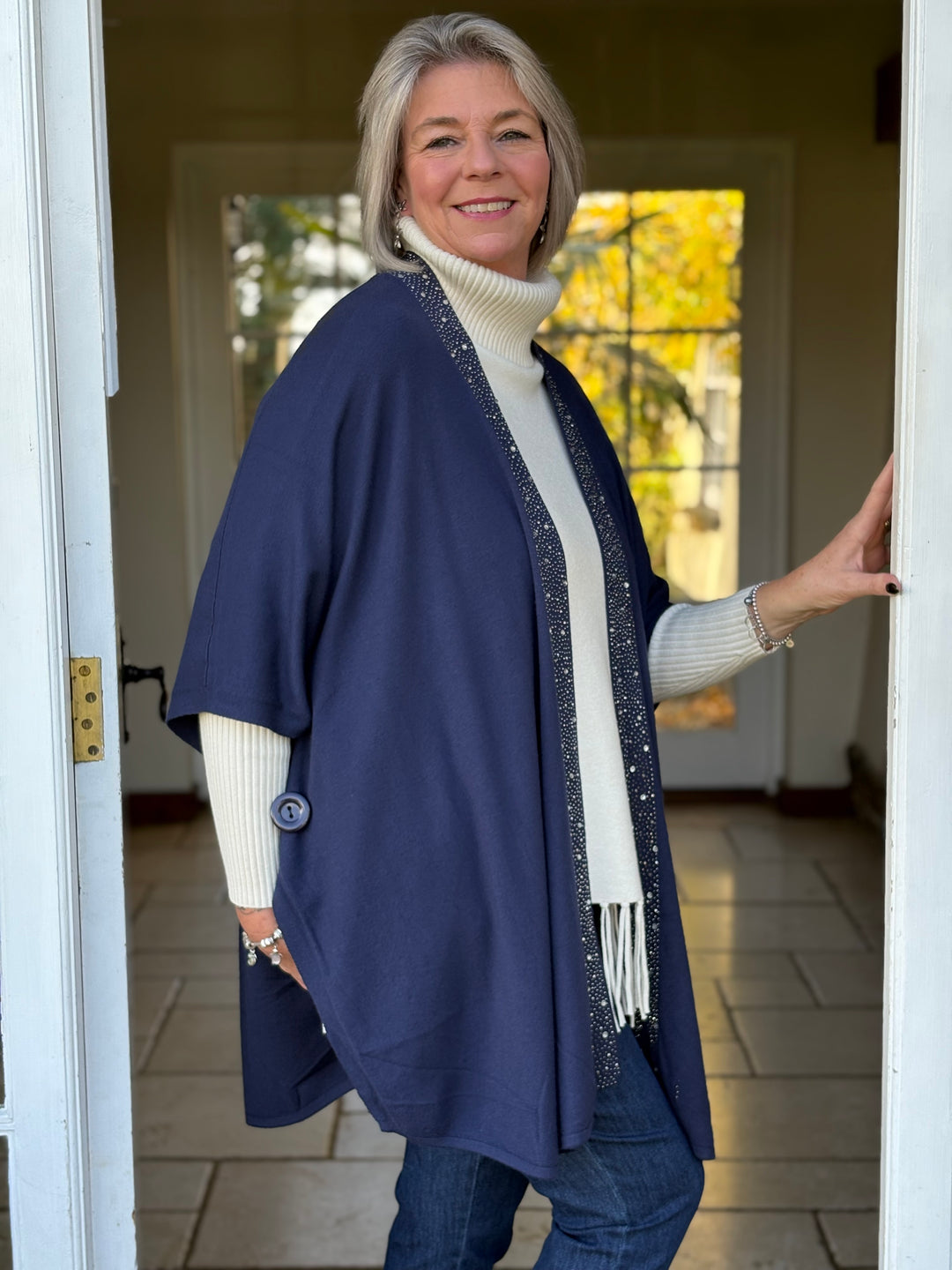 Embellished Kimono Style Cardigan | Navy