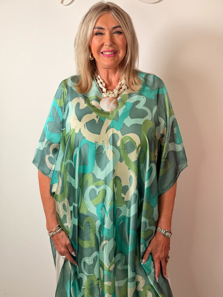 Silk-Blend Love Heart Print Kaftan | Green Multi