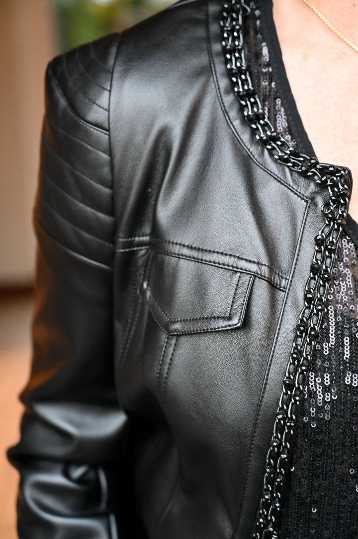 Black Faux Leather Chain Detail Jacket