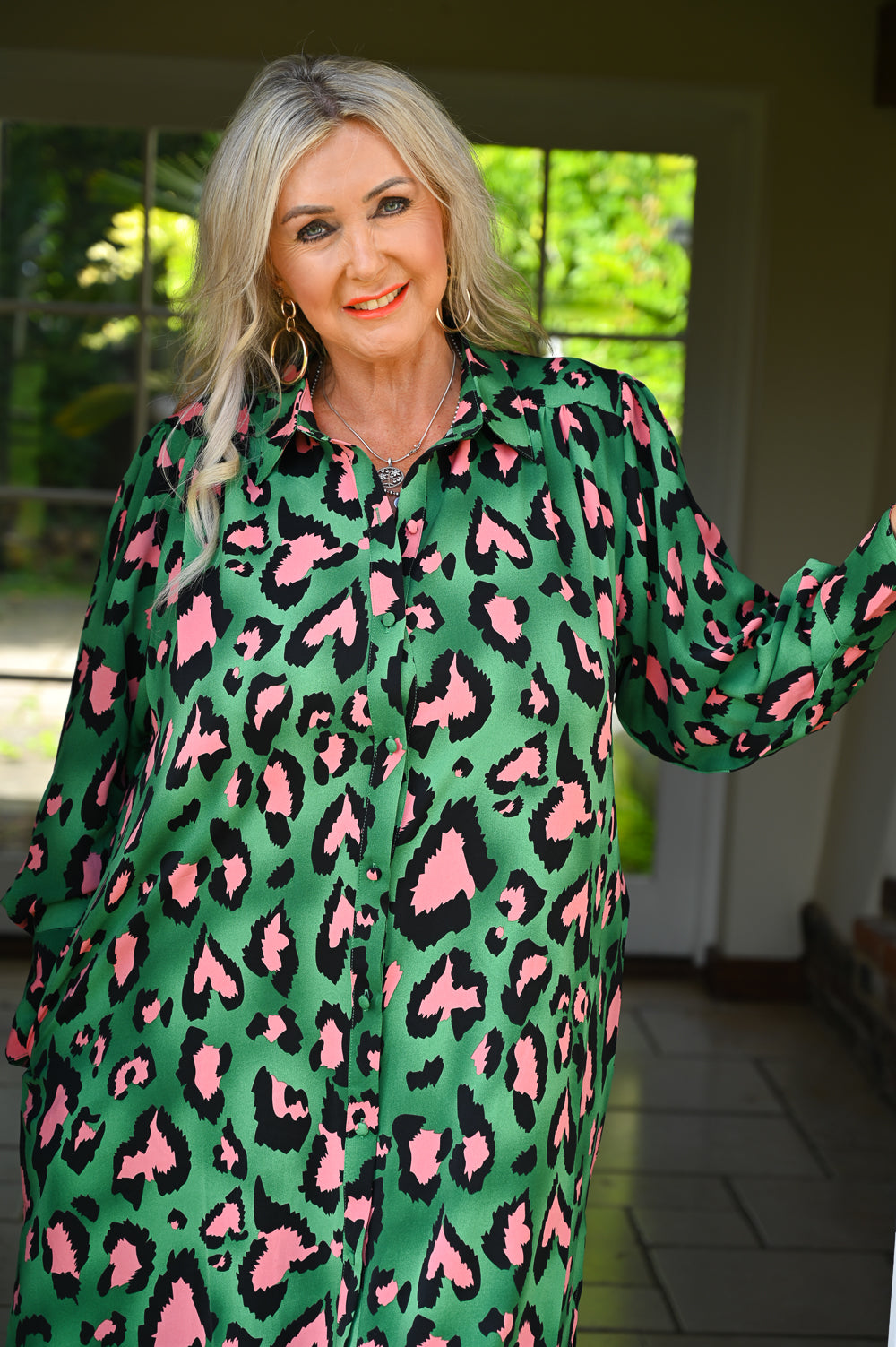 Green print on sale shirt dress