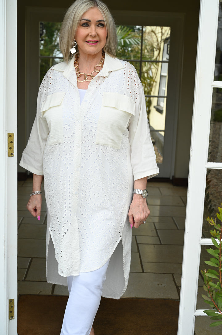 Ivory Double Pocket Crochet Linen Shirt