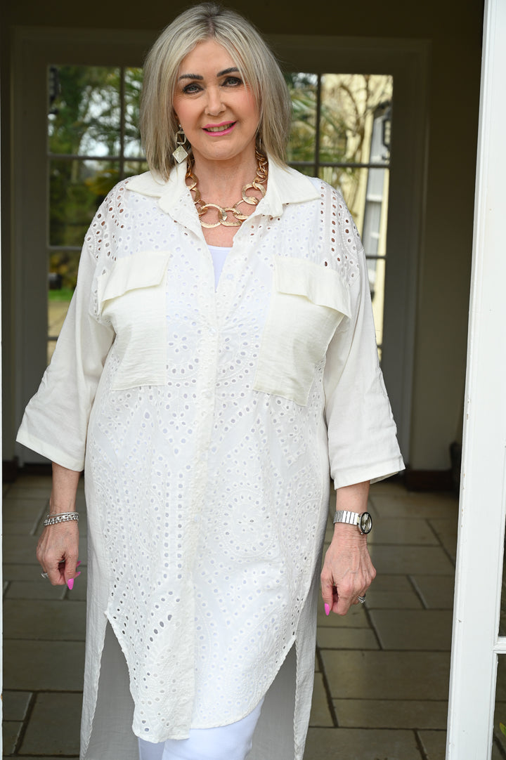 Ivory Double Pocket Crochet Linen Shirt