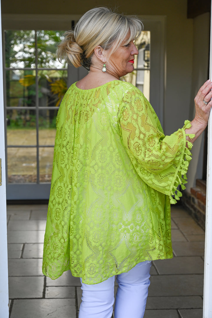Crochet Pompom Sleeve Top - Lime