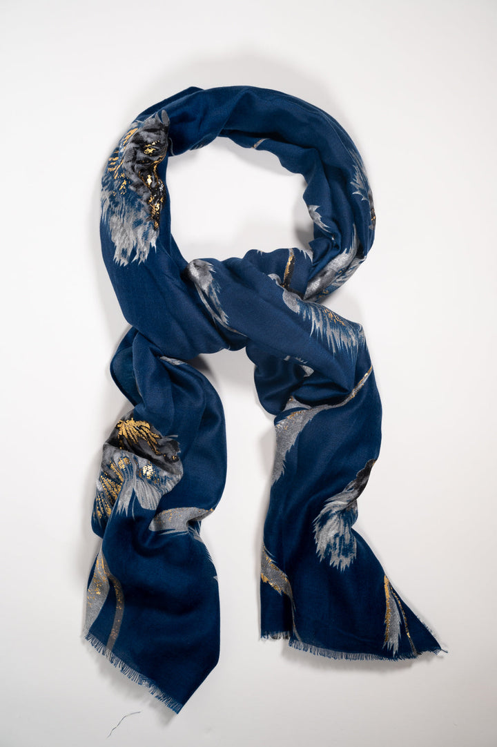 Gold Accent Floral Scarf - Deep Blue