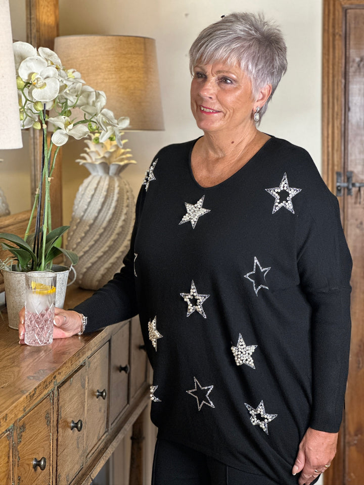 Pearl & Diamanté Star Jumper | Black