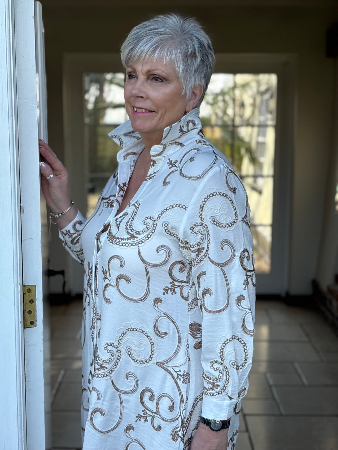 Embroidered Paisley Longline Shirt Dress - Malissa J | Latte