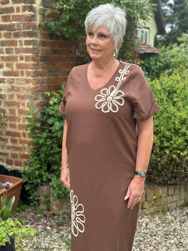 Embroidered Flower Print Tunic Dress | Chocolate