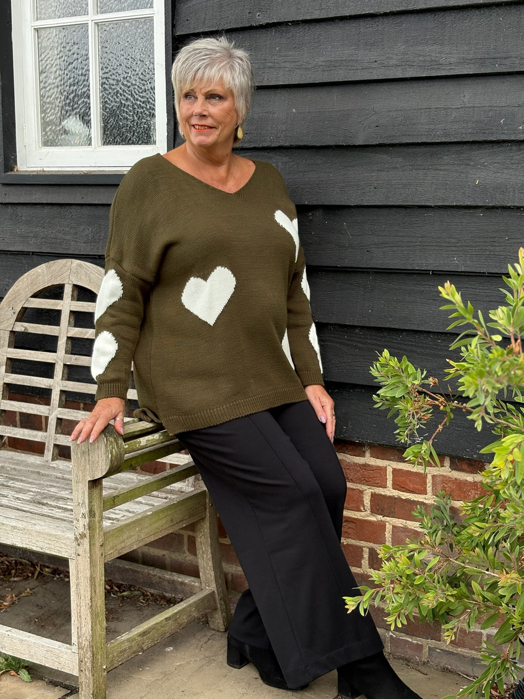 V-Neck Heart Knit Jumper | Khaki