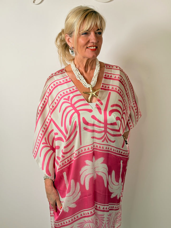 Silk-Blend Tropical Print Kaftan | Pink