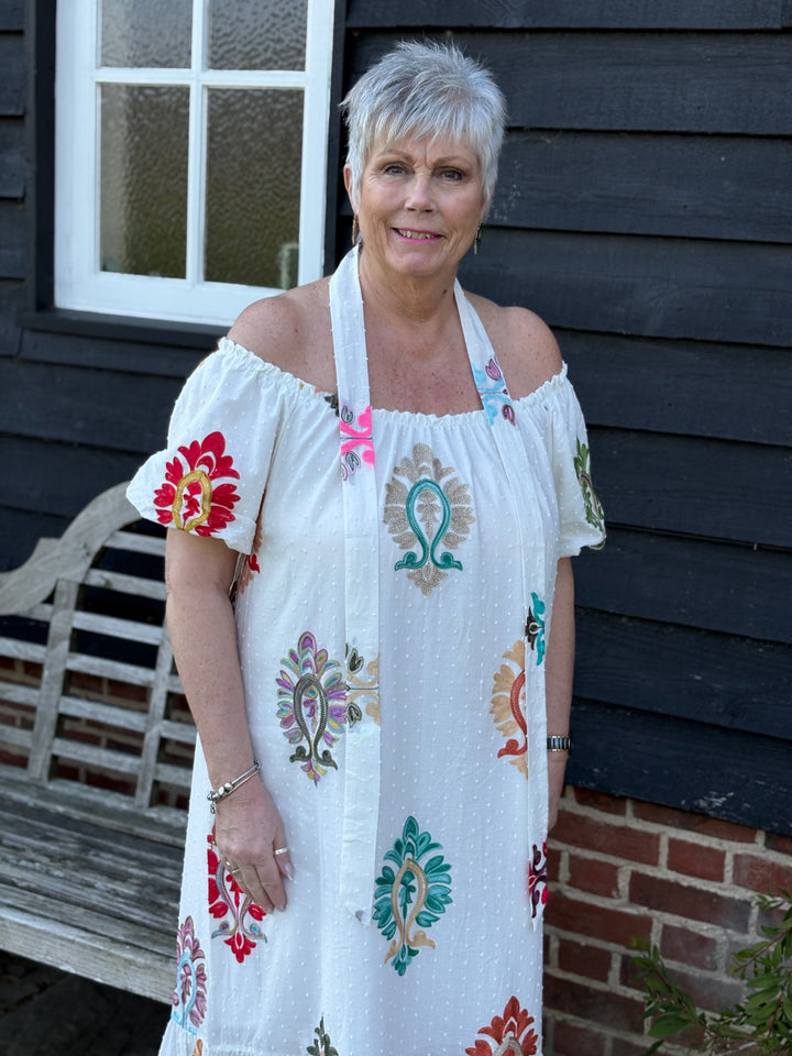 Embroidered Bardot Dress - Malissa J | White