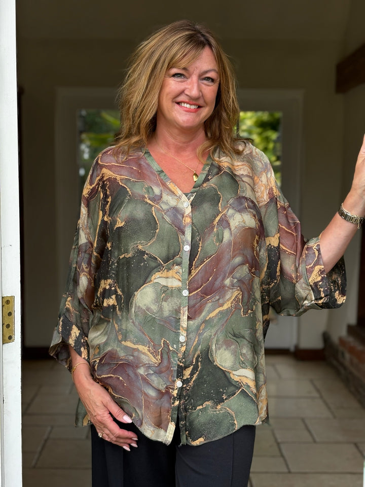 Naomi Marble Silk Blouse | Green