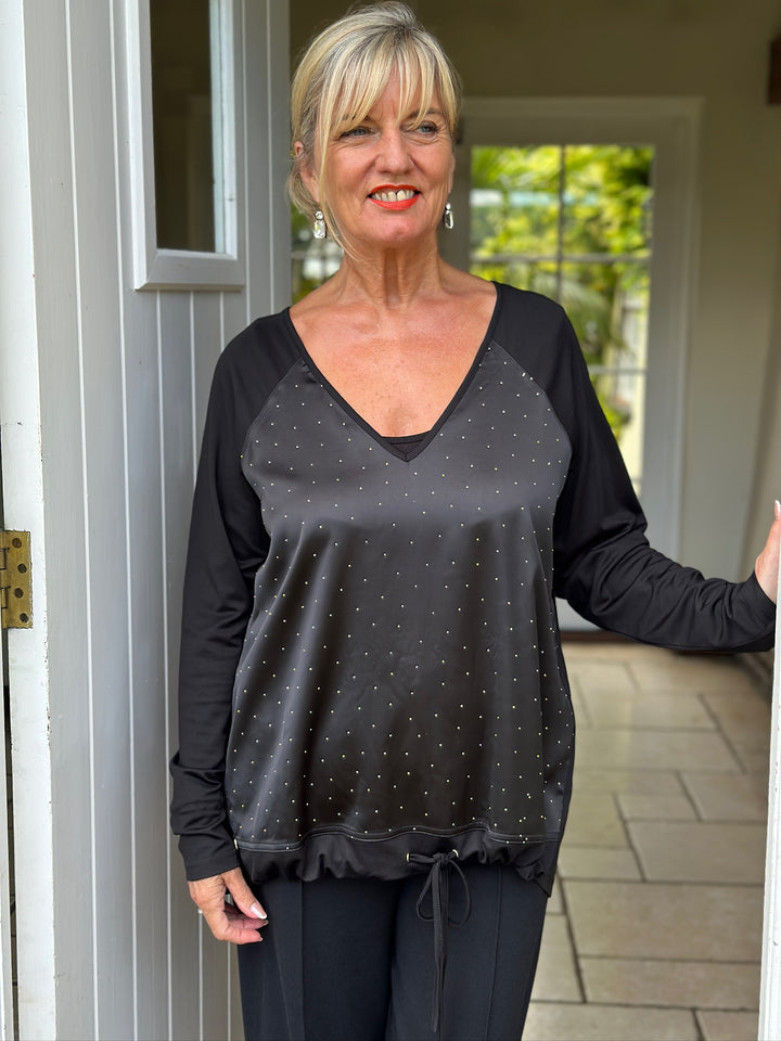 Studded Satin-Feel Front Top - Malissa J | Black