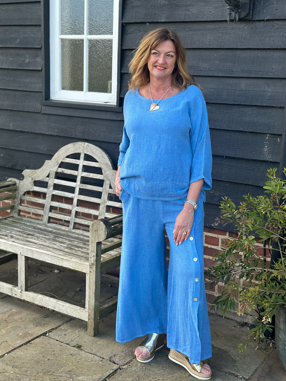 Wide Sleeve Linen Top | Denim Blue