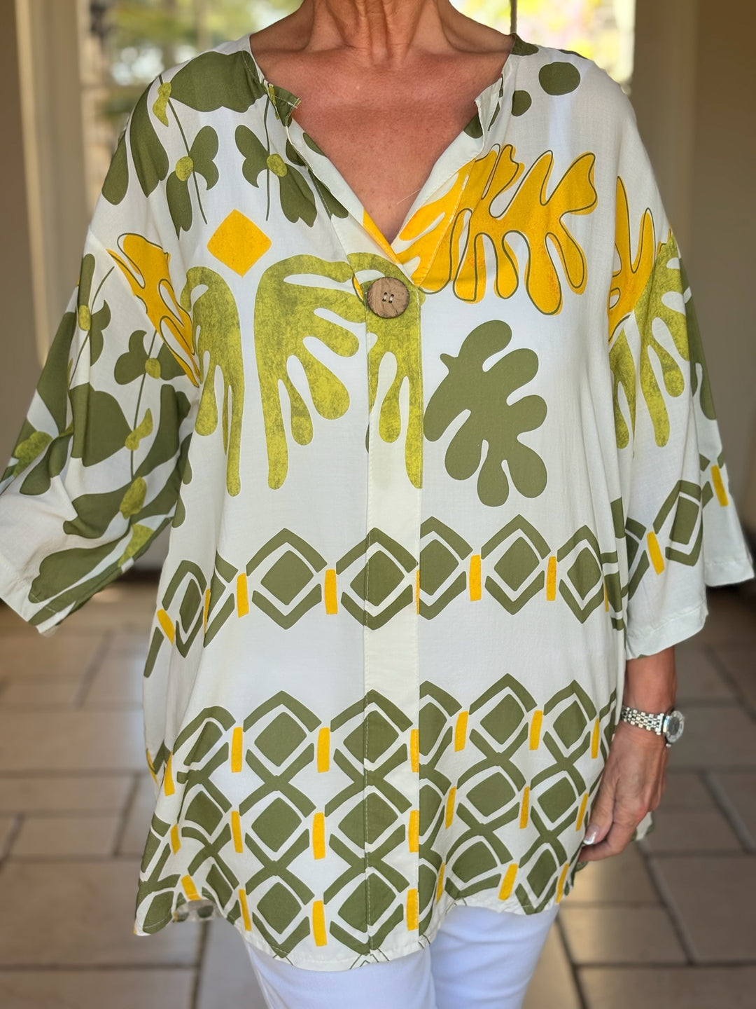 One Button Tunic Top Abstract Print | Khaki