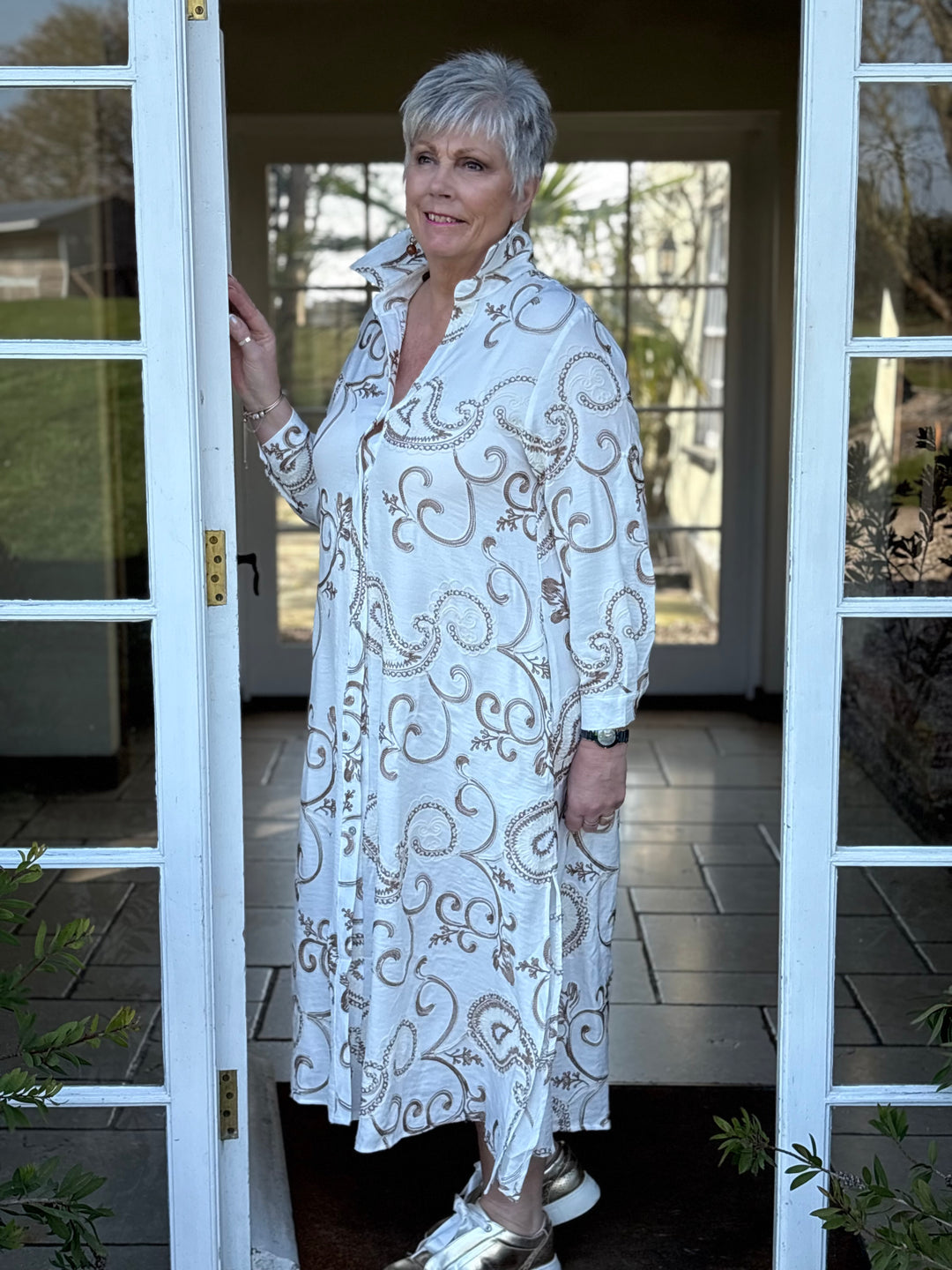 Embroidered Paisley Longline Shirt Dress - Malissa J | Latte