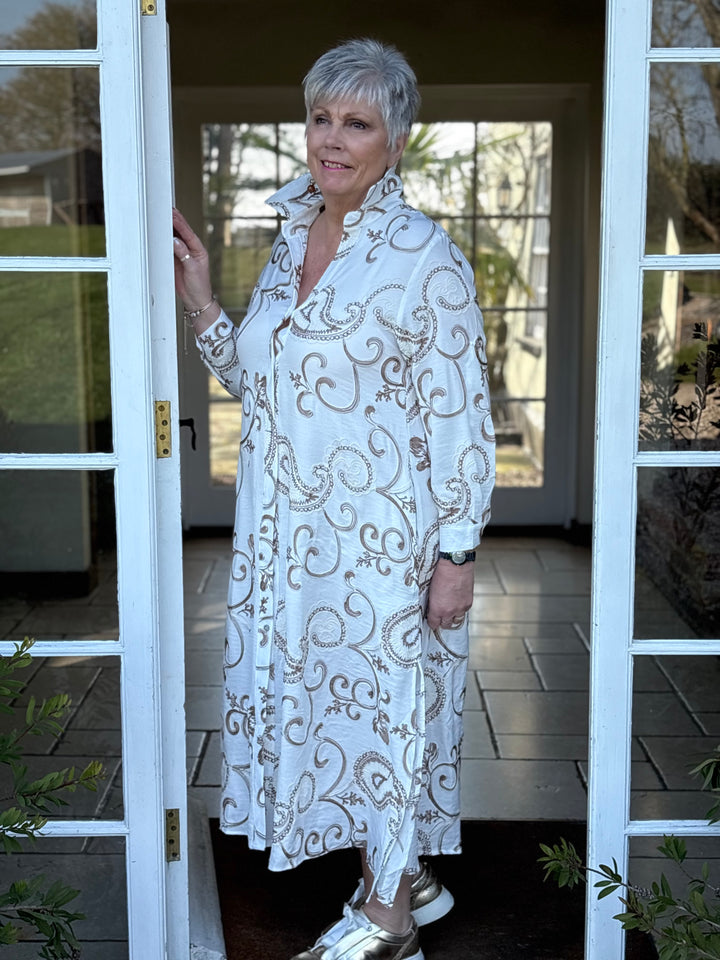 Embroidered Paisley Longline Shirt Dress - Malissa J | Latte