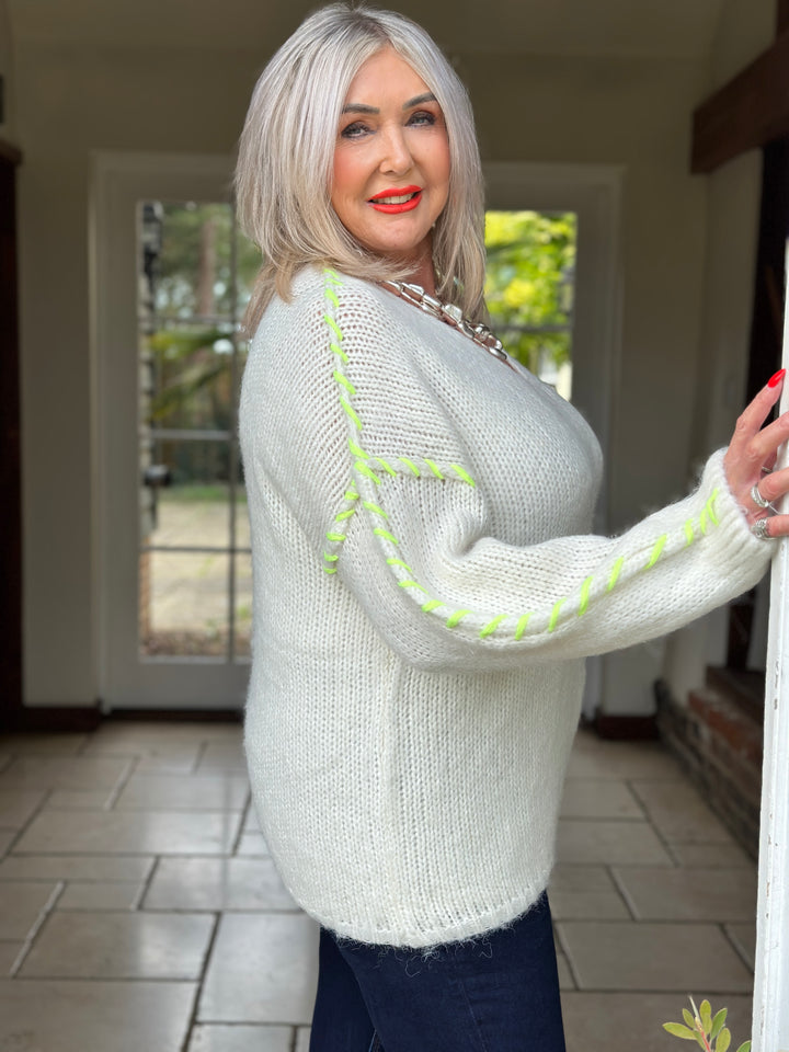 Contrast Stitch V-Neck Jumper  | Neon Yellow