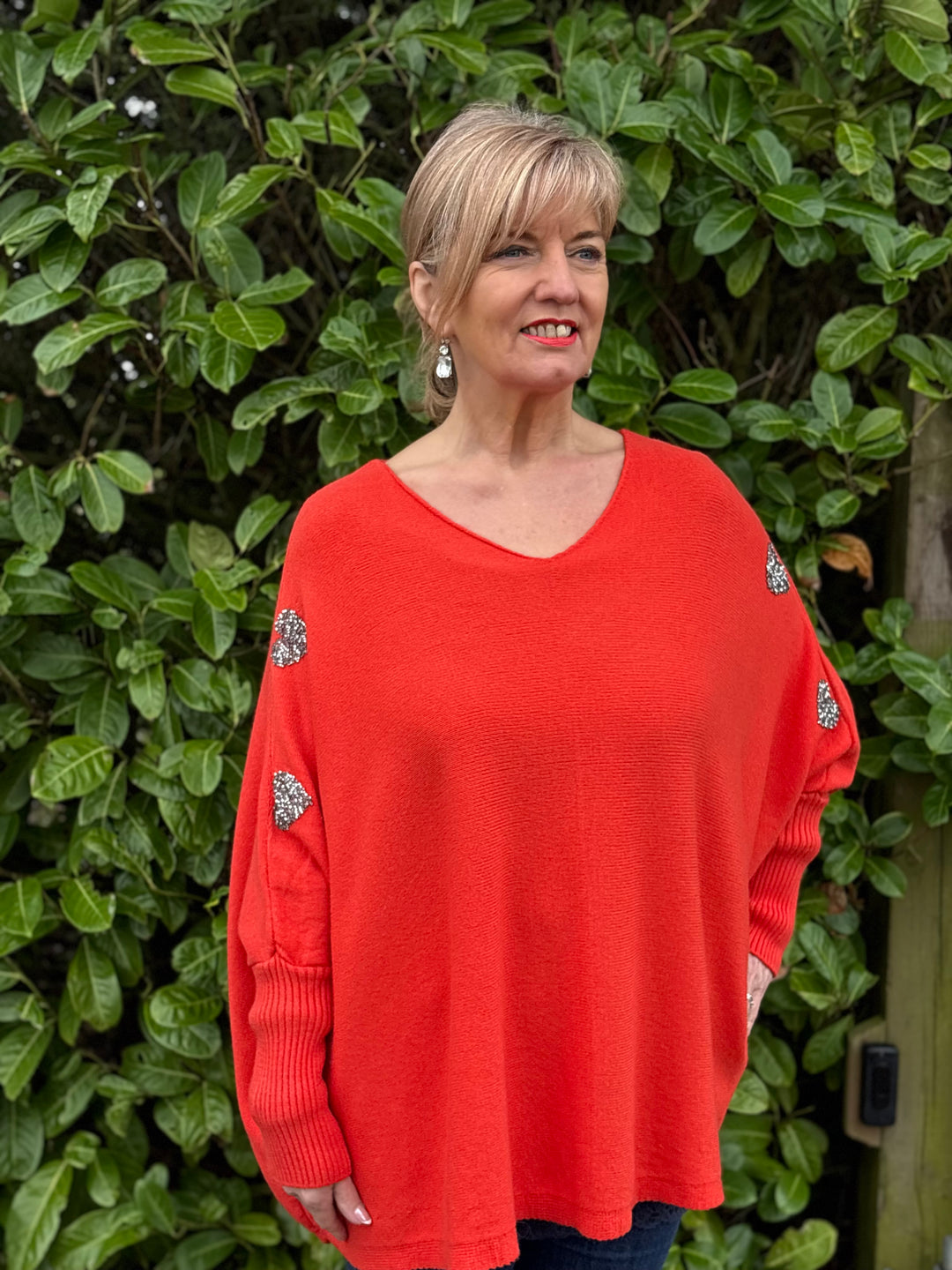 Embellished Heart Sleeve Soft Knit Top | Coral