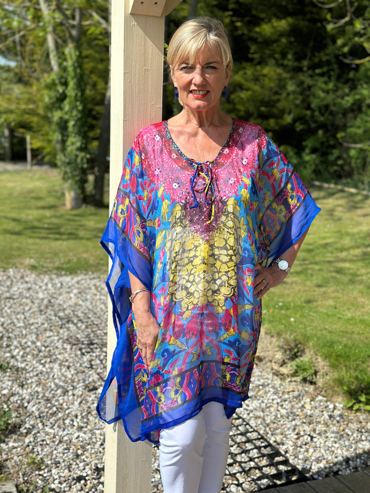 Diamante Detail Sheer Kaftan | Blue