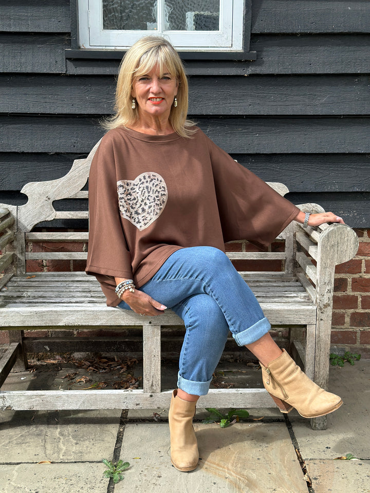 Batwing Sequin Heart Jumper | Brown